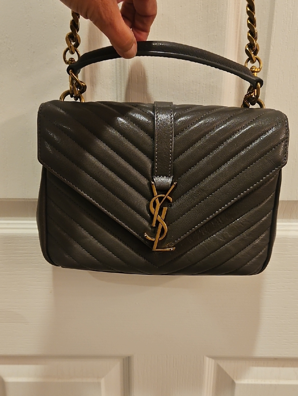 Saint Laurent Quilted Top-Handle Satchel in Charcoal with Gold Hardware